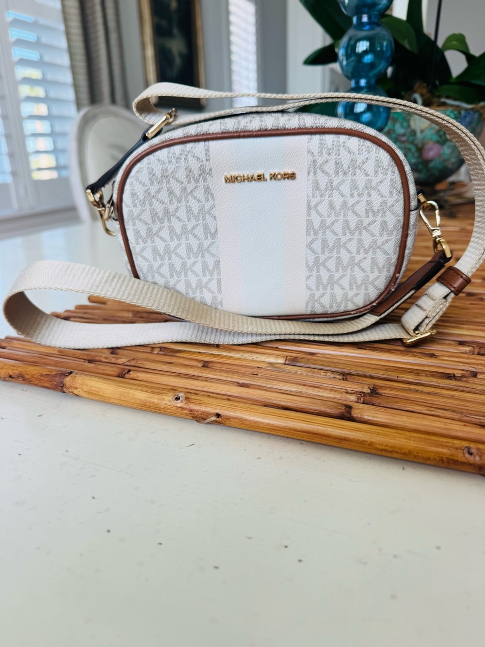 Michael Kors Cream and Brown Logo Crossbody Bag